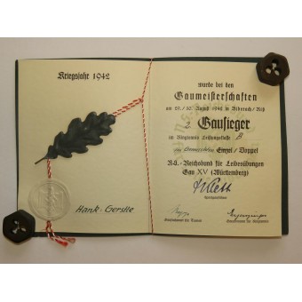 NSRL certificado de honor para el segundo lugar en el concurso de ping pong. Espenlaub militaria